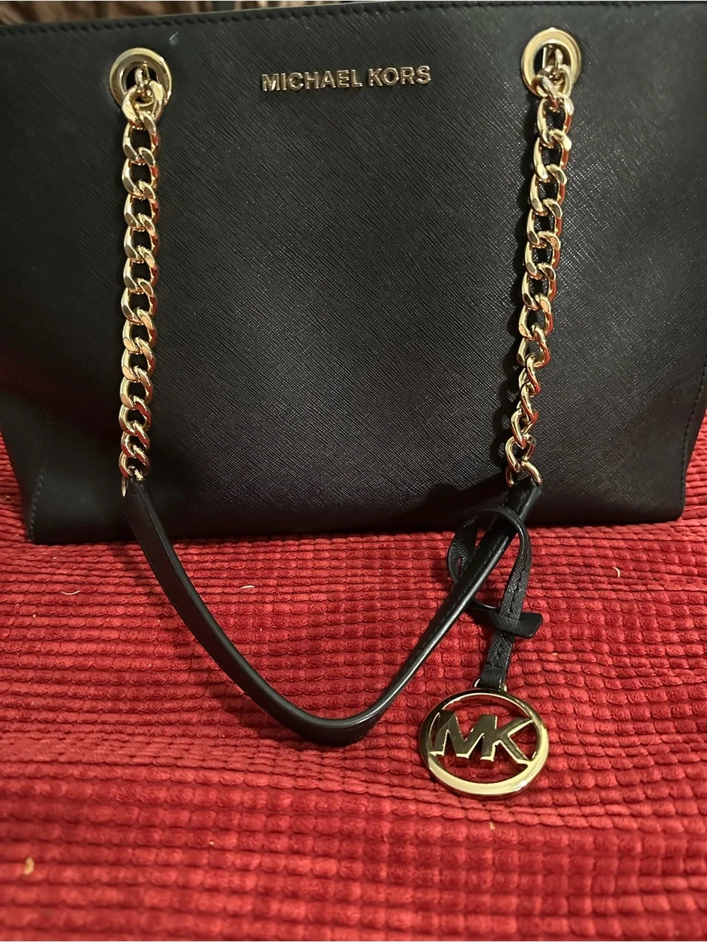 Michael Kors Black Leather Tote with Gold Chain and MK Charm